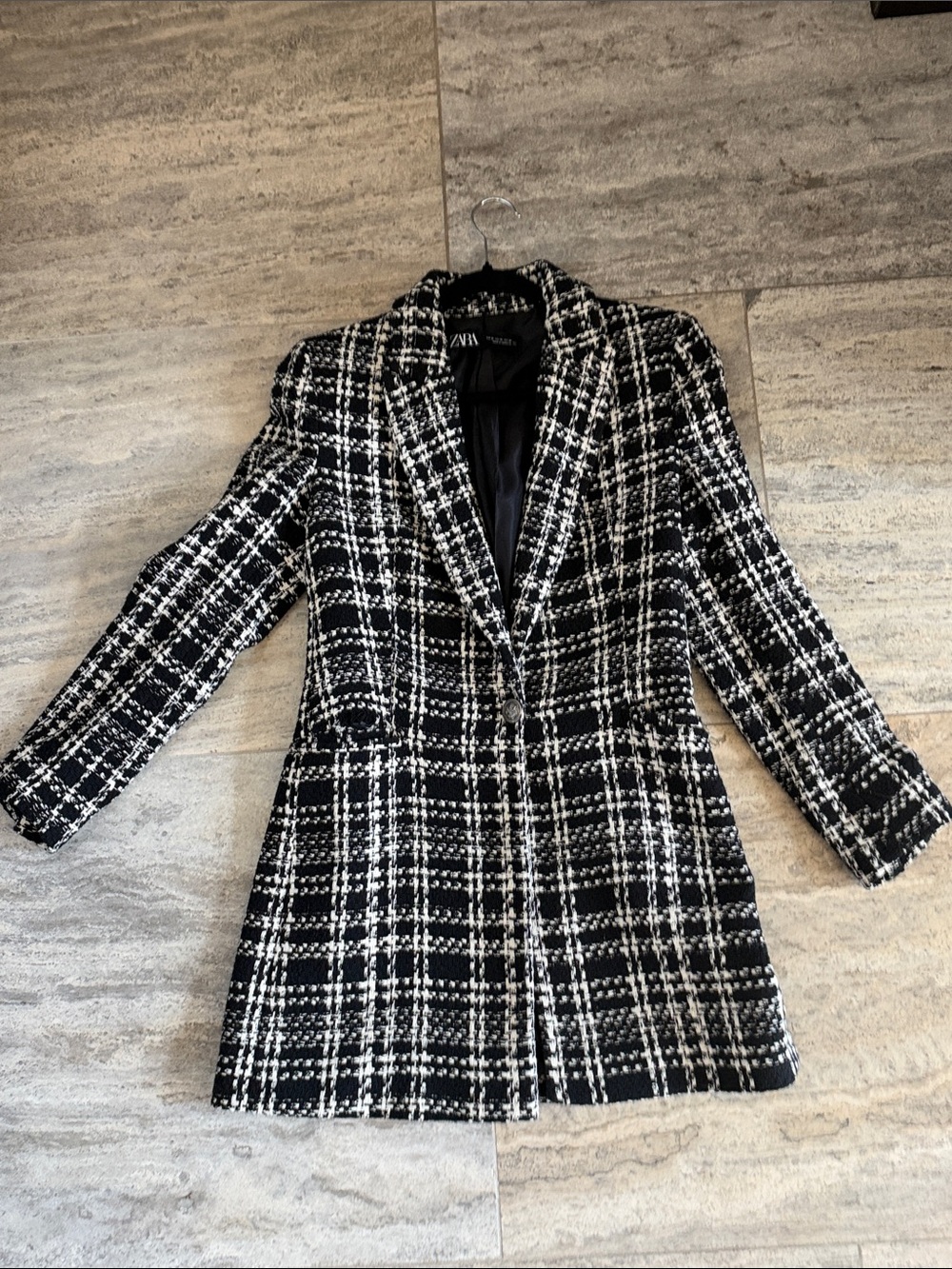 Zara Black and White Plaid Tweed Blazer Jacket